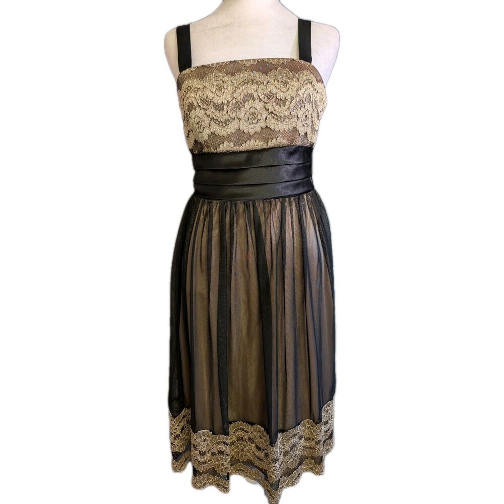 Dressbarn Dress Women's Sz 8 Black Gold Overlay Prom Dance Party Cocktail Formal